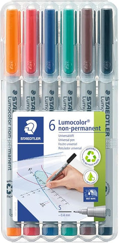 Staedtler Lumograph Non-Permanent Wet Erase Marker Pen, Extra Fine Tip, Low Odor Colored Markers, 6-Pack Assorted Colors, 311-WP6