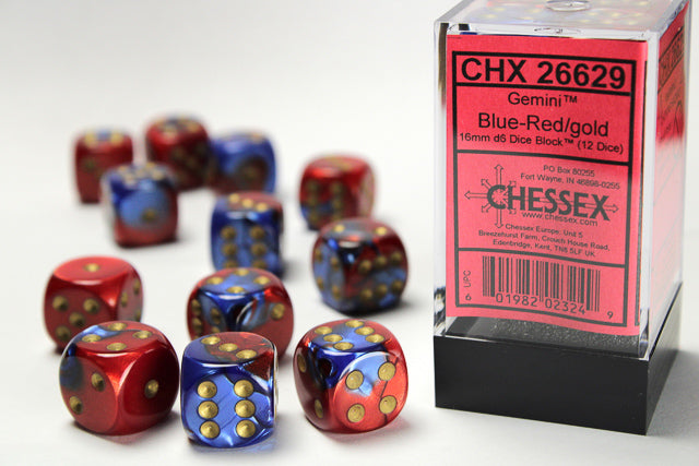 Blue-Red/gold 16mm d6 Dice Block (12 dice)