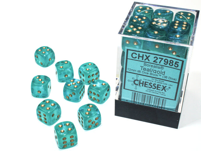 12mm d6 Teal/gold Luminary Dice Block (36 dice)