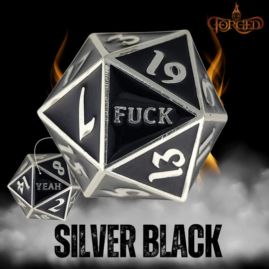 Fuck Yeah D20 Metal RPG Dice - Silver Black