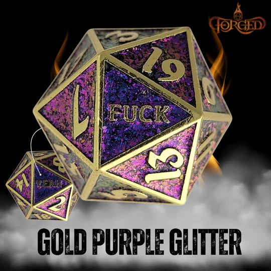 Fuck Yeah D20 Metal RPG Dice - Gold Purple Glittler