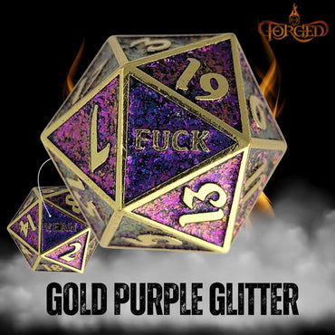 Fuck Yeah D20 Metal RPG Dice - Gold Purple Glittler