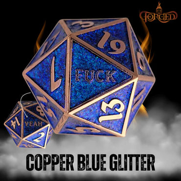 Fuck Yeah D20 Metal RPG Dice - Copper Blue Glitter