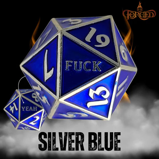 Fuck Yeah D20 Metal RPG Dice - Silver Blue