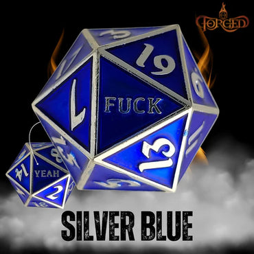 Fuck Yeah D20 Metal RPG Dice - Silver Blue
