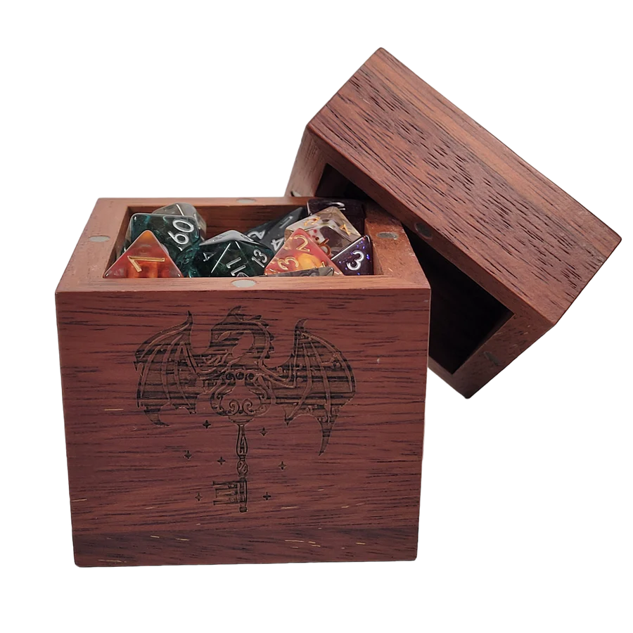 Forged Etched Wooden Storage Box with Magnetic Lid - Holds up to 42 Metal or Plastic Polyhedral Dice