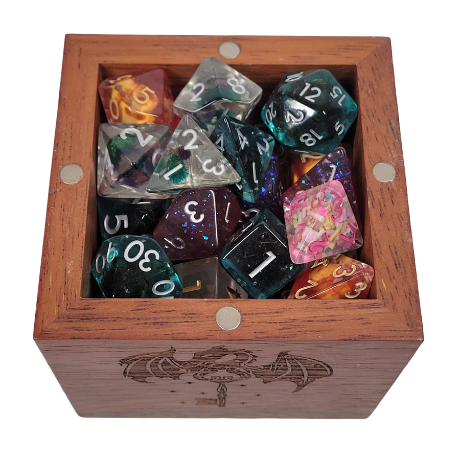 Forged Etched Wooden Storage Box with Magnetic Lid - Holds up to 42 Metal or Plastic Polyhedral Dice