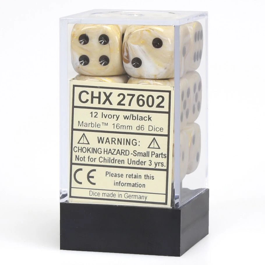 d6 Cube 16mm Marble Ivory with Black (12)