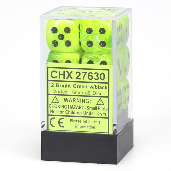 d6 Cube 16mm Vortex Bright Green with Black (12)