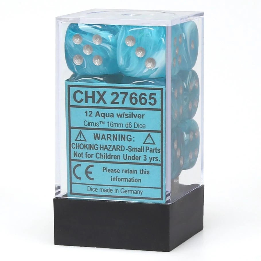 d6 Cube 16mm Cirrus Aqua with Silver (12)