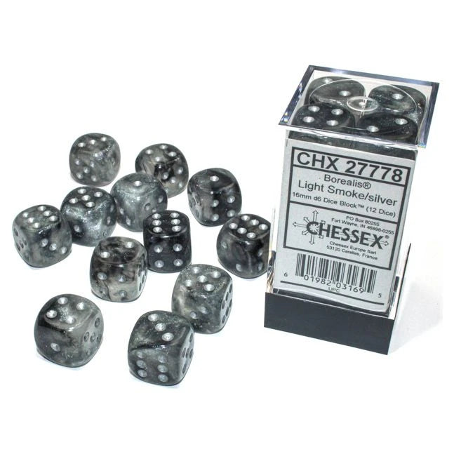d6 Cube 16mm Borealis Luminary Light Smoke with Silver (12)